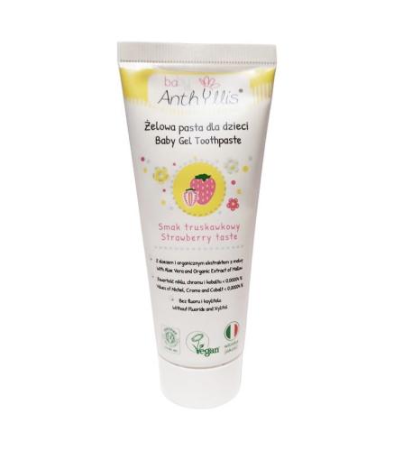 Pasta do zębów dla dzieci BEZ FLUORU, od pierwszego ząbka, z aloesem i organiczną malwą, truskawkowa, 75 ml, Baby Anthyllis