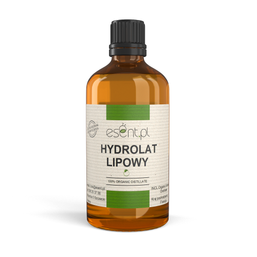 Brązowa butelka o pojemności 100 ml. z beżową etykietą, na której jest napis Hydrolat Lipowy.