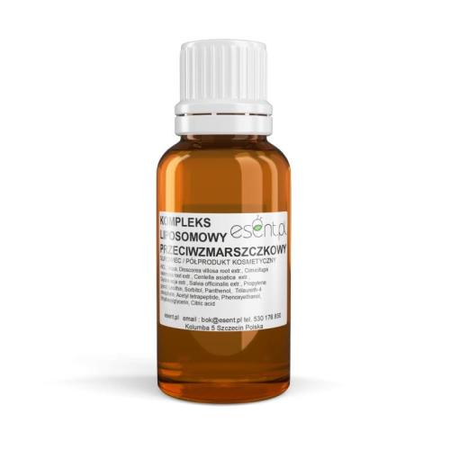 Na zdjęciu brązowa buteleczka o pojemności 20 ml., a w niej kompleks liposomowy-przeciwzmarszczkowy.