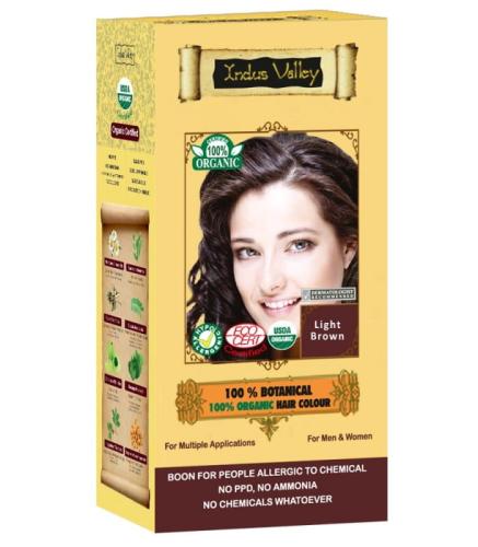 Ziołowa farba z henną, JASNY BRĄZ, w 100% ekologiczna, CERTYFIKOWANA - ECOCERT, VEGE, HALAL, 120 g, Indus Valley
