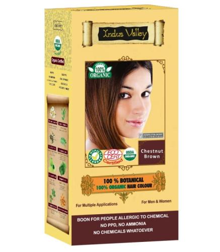 Ziołowa farba z henną, KASZTANOWY BRĄZ, CERTYFIKOWANA - ECOCERT, VEGE, HALAL, 120 g, Indus Valley