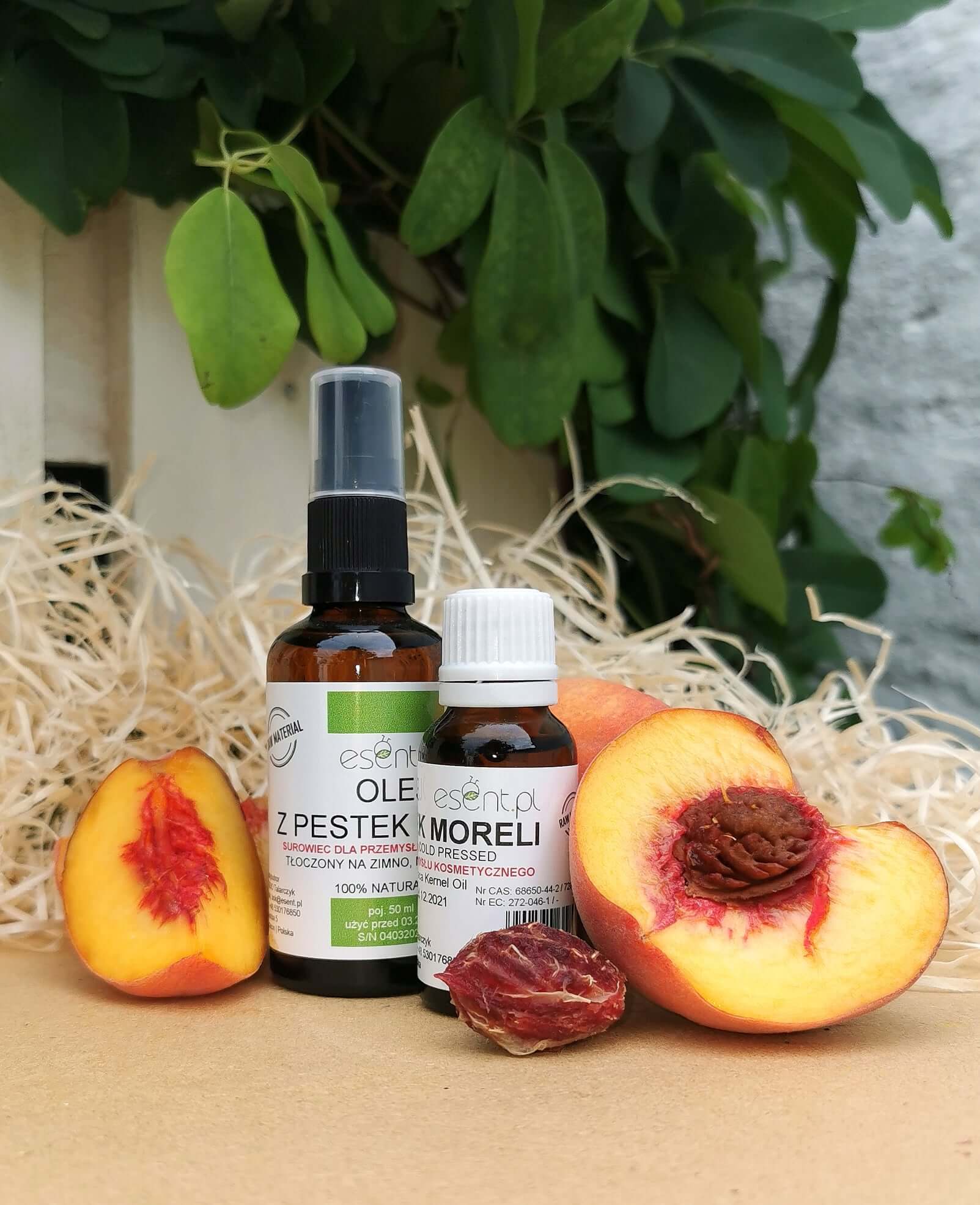 Na zdjęciu znajdują się dwie buteleczki oleju z pestek moreli marki Esent.pl ustawione pomiędzy połówkami świeżej moreli i pestką owocu. Produkty stoją na naturalnym podłożu z dekoracyjną słomą, a w tle widoczne są zielone liście roślin.
